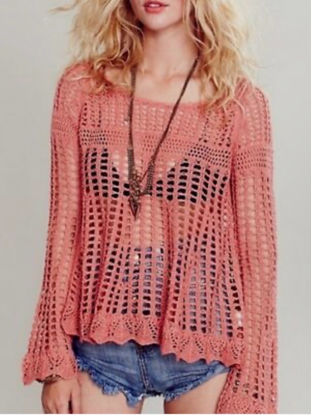Free People  Annabelle Crochet Long Bell Sleeve Sweater Festival Boho Size Med